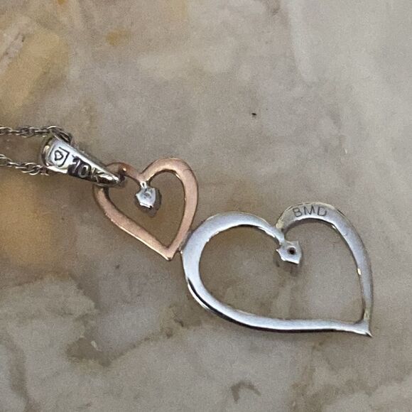Ben Moss 10K White & Rose Gold & Diamonds Two Hearts Necklace Minimalist - Picture 8 of 10